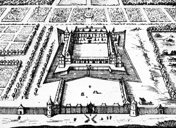 Uitzicht op de Koninklijke Jachthut in Versailles zoals het was in de late jaren 1620 en 1630, gebouwd voor Koning Lodewijk XIII, 1652